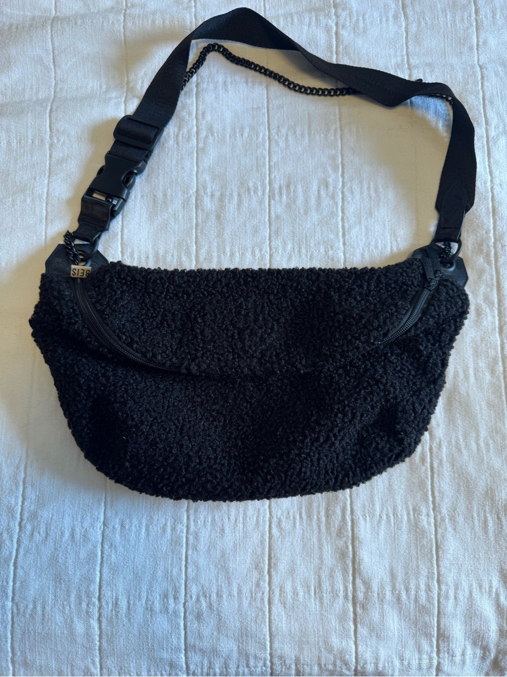 BEIS Black Sherpa Crossbody Bag with Chain Accent
